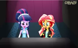 Size: 1024x625 | Tagged: safe, artist:dieart77, derpibooru import, sunset shimmer, twilight sparkle, equestria girls, friendship through the ages, female, lesbian, piano, shipping, sunsetsparkle