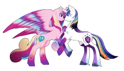 Size: 3300x1903 | Tagged: safe, artist:fuyusfox, derpibooru import, princess cadance, shining armor, pony, bedroom eyes, bipedal, bipedal leaning, cute, eye contact, female, holding hooves, horns are touching, male, rainbow power, rainbow power-ified, rearing, shiningcadance, shipping, simple background, smiling, spread wings, straight, transparent background, unshorn fetlocks, vector