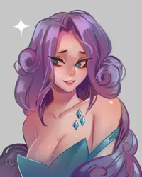 Size: 1280x1600 | Tagged: suggestive, artist:santagiera, derpibooru import, rarity, human, boobie mark, breasts, busty rarity, cleavage, female, humanized, solo, solo female