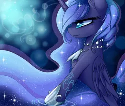 Size: 4000x3400 | Tagged: safe, artist:magnaluna, derpibooru import, princess luna, alicorn, pony, abstract background, ear fluff, ethereal mane, female, hair over one eye, hoof on chest, mare, necklace, smiling, solo, starry mane, stars