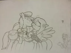 Size: 640x480 | Tagged: artist needed, comic:sunfall, derpibooru import, fallout equestria, female, /foe/, gun, kissing, male, monochrome, oc, oc:downwash, oc:forage, oc:sunfall, safe, source needed, straight, traditional art, unofficial characters only