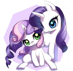 Size: 800x776 | Tagged: safe, artist:aoi_renas, derpibooru import, rarity, sweetie belle, pony, unicorn, abstract background, cute, diasweetes, duo, female, filly, looking at each other, mare, raribetes, sisters, sitting