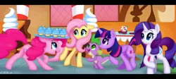 Size: 1883x845 | Tagged: safe, artist:ctb-36, derpibooru import, fluttershy, pinkie pie, rarity, spike, twilight sparkle, twilight sparkle (alicorn), alicorn, pony, balancing, cupcake, female, licking lips, mare, sugarcube corner, tongue out, varying degrees of want