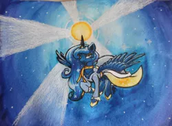 Size: 1024x755 | Tagged: artist:amous-anona, derpibooru import, flying, moon, princess luna, safe, solo, traditional art, watercolor painting