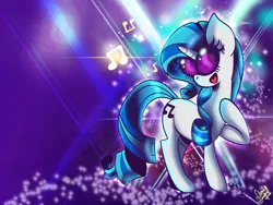 Size: 2048x1536 | Tagged: safe, artist:aimihanibal, derpibooru import, rarity, vinyl scratch, oc, pony, backwards cutie mark, fusion, glasses, lights, music, music notes, neon, party, rariscratch, rave, solo