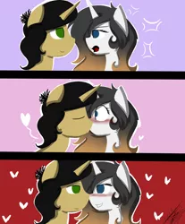 Size: 2480x3000 | Tagged: safe, artist:scarlett-letter, derpibooru import, oc, oc:satiric write, oc:scarlett letter, unofficial characters only, alicorn, pony, unicorn, ashamed, blushing, couple, female, heart, kissing, love, male, mare, no pupils, shipping, stallion, straight