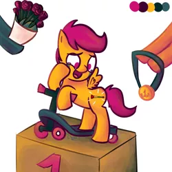 Size: 1000x1000 | Tagged: safe, artist:chrisrainicorn, derpibooru import, edit, scootaloo, pony, bipedal, bouquet, crying, flower, gold medal, happy, hoof hold, medal, musical instrument, open mouth, pure unfiltered evil, rose, scooter, smiling, tears of joy, vuvuzaloo, vuvuzela