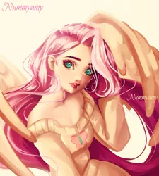 Size: 800x889 | Tagged: artist:nummyumy, clothes, cute, cutie mark on clothes, derpibooru import, digital art, female, fluttershy, human, human female, humanized, light skin, looking at you, off shoulder, off shoulder sweater, safe, shyabetes, solo, spread wings, sweater, sweatershy, winged humanization, yellow sweater