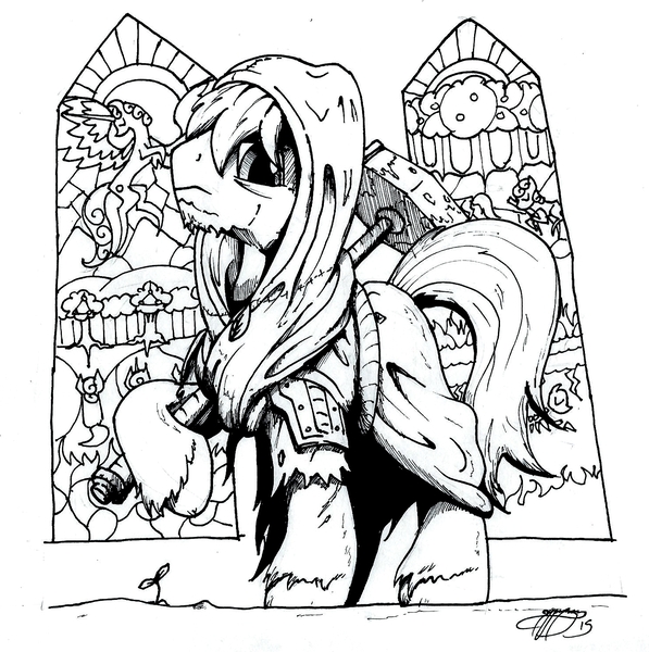 Size: 1477x1485 | Tagged: cloak, clothes, derpibooru import, fallout equestria, fallout equestria: gardener, ink, monk, monochrome, oc, oc:gardener, safe, sledgehammer, solo, sprout, stained glass, traditional art, unofficial characters only