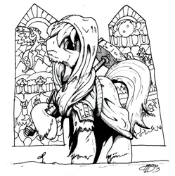 Size: 1477x1485 | Tagged: cloak, clothes, derpibooru import, fallout equestria, fallout equestria: gardener, ink, monk, monochrome, oc, oc:gardener, safe, sledgehammer, solo, sprout, stained glass, traditional art, unofficial characters only