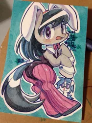 Size: 768x1024 | Tagged: suggestive, artist:mosamosa_n, derpibooru import, octavia melody, vinyl scratch, blood, bowtie, bunny ears, bunny suit, clothes, image, japanese, jpeg, ladyboner, looking at you, nosebleed, playboy bunny octavia, tights, traditional art, watercolor painting