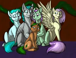 Size: 1000x773 | Tagged: safe, artist:foxenawolf, derpibooru import, oc, oc:dandelion dreams, oc:forest breeze, oc:lavender dreams, oc:sky fern, oc:whirring cogs, unofficial characters only, pegasus, pony, unicorn, family photo, hearth's warming, smiling, unshorn fetlocks