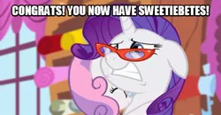 Size: 540x281 | Tagged: safe, derpibooru import, edit, screencap, rarity, sweetie belle, pony, unicorn, cute, diabetes, diasweetes, eyes closed, female, filly, floppy ears, frown, glasses, glomp, gritted teeth, hape, hug, mare, nuzzling, sisters, smiling