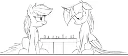 Size: 1700x749 | Tagged: safe, artist:ncmares, derpibooru import, rainbow dash, twilight sparkle, twilight sparkle (alicorn), alicorn, pony, chess, female, mare, monochrome, newbie artist training grounds, sitting, sketch, smiling, sweat, sweatdrop, wide eyes