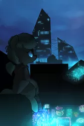 Size: 1300x1950 | Tagged: safe, artist:whydomenhavenipples, derpibooru import, oc, oc:lithium flower, unofficial characters only, earth pony, pony, city, cityscape, cyberpunk, female, freckles, mare, neon, neon sign, ponytail, prosthetic limb, scenery, sitting on roof, solo