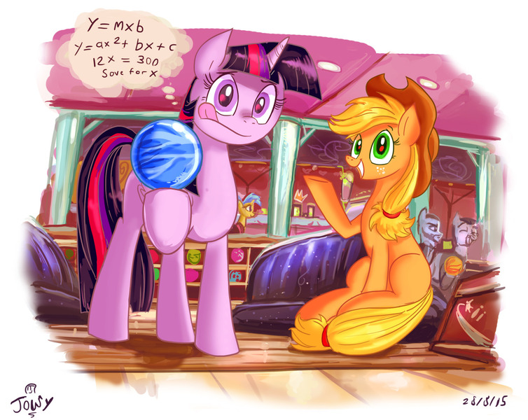 Size: 1280x1019 | Tagged: safe, artist:jowybean, derpibooru import, allie way, applejack, twilight sparkle, twilight sparkle (alicorn), alicorn, earth pony, pony, twijack weekly, :p, bowling, bowling alley, bowling ball, fancy mathematics, female, lesbian, mare, math, misspelling, raised hoof, shipping, thought bubble, tongue out, twijack