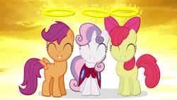 Size: 1920x1080 | Tagged: safe, artist:barrfind, artist:canon-lb, derpibooru import, edit, apple bloom, scootaloo, sweetie belle, earth pony, pony, unicorn, cape, clothes, cute, cutie mark crusaders, emblem, female, filly, halo, logo, smiling, trio, vector, wallpaper, wallpaper edit