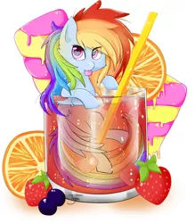 Size: 2008x2296 | Tagged: dead source, safe, artist:teranen, derpibooru import, rainbow dash, pegasus, pony, blueberry, candy, colored pupils, cup of pony, cute, drink, eye clipping through hair, female, food, glass, heart eyes, looking at you, mare, micro, popsicle, signature, solo, strawberry, tongue out, wingding eyes