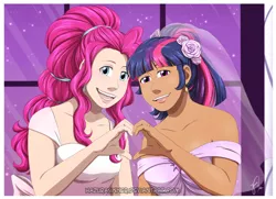 Size: 1173x850 | Tagged: safe, artist:hazurasinner, derpibooru import, pinkie pie, twilight sparkle, human, female, heart hands, humanized, lesbian, marriage, shipping, twinkie, wedding