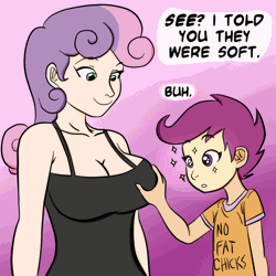 Size: 800x800 | Tagged: adult, animated, artist:megasweet, artist:samoyena, big breasts, breast expansion, breast fondling, breast grab, breasts, busty sweetie belle, calm your tits, cleavage, clothes writing, derpibooru import, edit, female, grope, growth, huge breasts, human, humanized, hyper breasts, impossibly large breasts, no fat chicks, older, scootaloo, suggestive, sweetie belle, wat