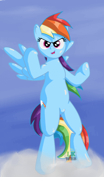 Size: 589x1000 | Tagged: safe, artist:lkweb, derpibooru import, rainbow dash, pegasus, pony, bipedal, cloud, female, fight, gimp, mare, open mouth, signature, sky, solo, wings