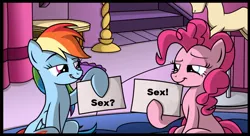 Size: 798x434 | Tagged: suggestive, artist:veggie55, derpibooru import, edit, pinkie pie, rainbow dash, earth pony, pegasus, pony, female, implied sex, lesbian, looking at each other, mare, pinkiedash, shipping, sign