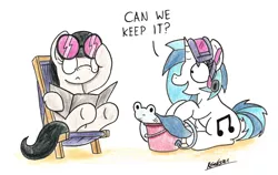 Size: 2014x1270 | Tagged: safe, artist:bobthedalek, derpibooru import, octavia melody, vinyl scratch, earth pony, pony, unicorn, beach, bucket, deck chair, goggles, manta ray, signature, snorkel, stingray, swimming goggles, traditional art