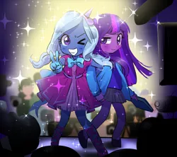 Size: 900x800 | Tagged: artist:quizia, clothes, cute, derpibooru import, dress, human, humanized, pleated skirt, safe, shoes, skirt, stage, trixie, twilight sparkle, younger