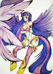 Size: 639x900 | Tagged: artist:divinekitten, bikini, breasts, busty twilight sparkle, cleavage, clothes, derpibooru import, eared humanization, evening gloves, female, gloves, horned humanization, human, humanized, solo, solo female, suggestive, swimsuit, tailed humanization, traditional art, twilight sparkle, twilight sparkle (alicorn), winged humanization