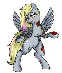Size: 882x1035 | Tagged: safe, artist:silver1kunai, derpibooru import, derpy hooves, pony, alternate hairstyle, bipedal, blushing, dyed mane, haircut, piercing, punk, solo, tattoo, undercut, underp