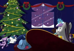 Size: 4928x3383 | Tagged: safe, artist:kired25, deleted from derpibooru, derpibooru import, night light, shining armor, twilight sparkle, twilight velvet, christmas, christmas lights, christmas ornament, christmas tree, filly, foal, holiday, sleeping, snow, snowfall, spit take, tree, younger