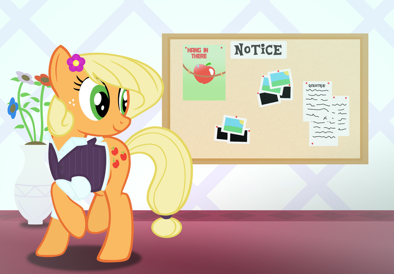 Size: 3000x2089 | Tagged: alternate hairstyle, applejack, artist:darthlena, businessmare, derpibooru import, hanging, hang in there, professionalism, safe, solo