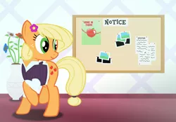 Size: 3000x2089 | Tagged: alternate hairstyle, applejack, artist:darthlena, businessmare, derpibooru import, hanging, hang in there, professionalism, safe, solo
