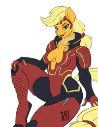 Size: 541x700 | Tagged: suggestive, artist:zwitterkitsune, derpibooru import, applejack, anthro, comic:eezo is magic, breasts, cleavage, female, image, jpeg, looking at you, mass effect, samara, solo, solo female, wip