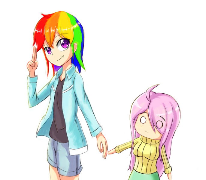 Size: 1112x973 | Tagged: artist:jumboz95, clothes, derpibooru import, fluttershy, human, humanized, rainbow dash, safe, size difference, sweater, sweatershy