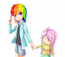 Size: 1112x973 | Tagged: artist:jumboz95, clothes, derpibooru import, fluttershy, human, humanized, rainbow dash, safe, size difference, sweater, sweatershy