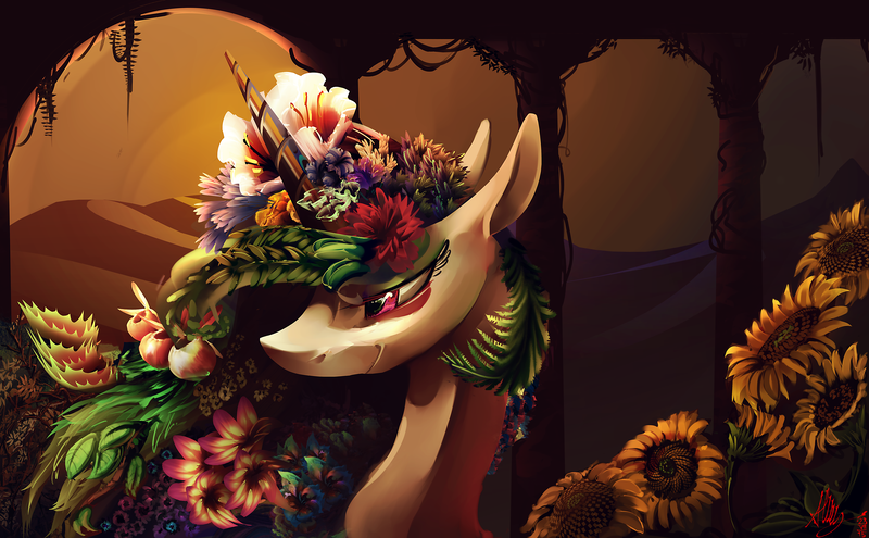 Size: 7536x4662 | Tagged: absurd resolution, artist:alumx, bedroom eyes, derpibooru import, detailed, floppy ears, flower, flower in hair, leaf, plant, princess celestia, safe, smiling, solo, sunflower, surreal