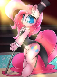 Size: 2500x3350 | Tagged: safe, artist:madacon, derpibooru import, pinkie pie, earth pony, pony, unguligrade anthro, cane, chest fluff, circus, clothes, cute, diapinkes, ear fluff, female, hat, looking at you, mare, outfit, ringmaster, smiling, solo, tailcoat, top hat