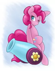 Size: 1275x1650 | Tagged: safe, artist:ambris, derpibooru import, pinkie pie, earth pony, pony, blushing, colored pupils, cute, diapinkes, female, mare, one eye closed, party cannon, solo, wink