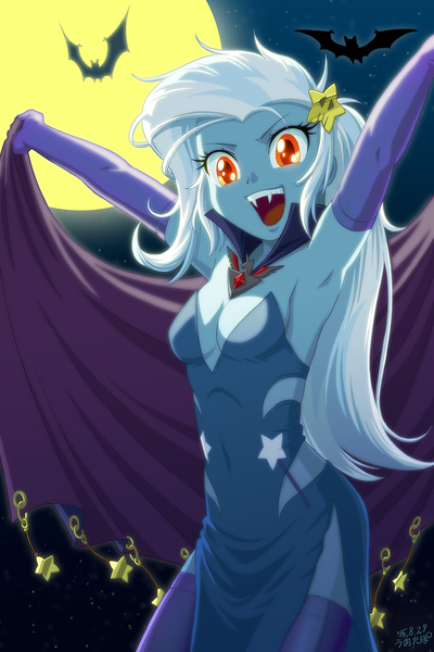 Size: 667x1000 | Tagged: suggestive, artist:uotapo, derpibooru import, trixie, bat, vampire, equestria girls, alicorn amulet, armpits, breasts, cape, cleavage, clothes, dress, evening gloves, fangs, female, full moon, gloves, moon, night sky, red eyes, sexy, signature, solo, solo female, stars