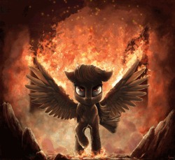 Size: 928x850 | Tagged: safe, artist:equum_amici, artist:nemo2d, derpibooru import, wild fire, pegasus, pony, animated, badass, cinemagraph, epic, female, fire, mare, sibsy, solo, spread wings
