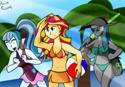 Size: 2600x1800 | Tagged: safe, artist:xain-russell, deleted from derpibooru, derpibooru import, queen chrysalis, sonata dusk, sunset shimmer, ask sunset the otaku, equestria girls, beach, beach ball, belly button, bikini, clothes, hat, sun hat, sunglasses, swimsuit, umbrella