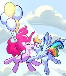 Size: 4000x4550 | Tagged: safe, artist:comikazia, derpibooru import, pinkie pie, rainbow dash, balloon, female, flying, lesbian, licking, pinkiedash, shipping, then watch her balloons lift her up to the sky, tongue out, underhoof