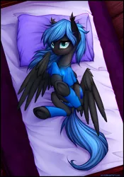 Size: 1857x2647 | Tagged: suggestive, artist:xn-d, derpibooru import, oc, oc:midnight light, unofficial characters only, pegasus, pony, bed, bedroom eyes, clothes, female, looking at you, necklace, on back, panties, smiling, socks, solo, solo female, underhoof, underwear