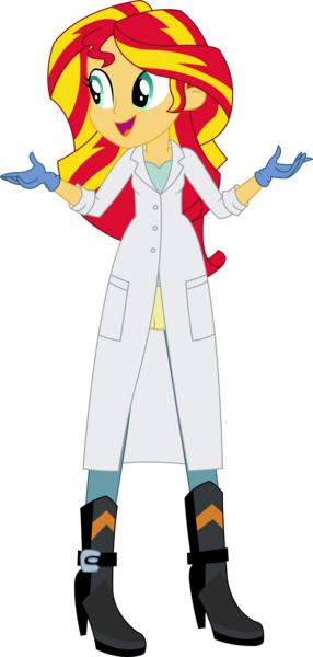 Size: 940x1974 | Tagged: safe, artist:sketchmcreations, derpibooru import, sunset shimmer, equestria girls, friendship games, the science of magic, clothes, gloves, happy, high heel boots, inkscape, lab coat, latex, latex socks, simple background, socks, solo, sunset the science gal, transparent background, vector