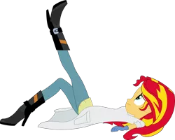 Size: 2016x1612 | Tagged: safe, artist:sketchmcreations, derpibooru import, sunset shimmer, equestria girls, friendship games, the science of magic, boots, clothes, gloves, high heel boots, inkscape, lab coat, raised leg, simple background, solo, sunset the science gal, transparent background, vector