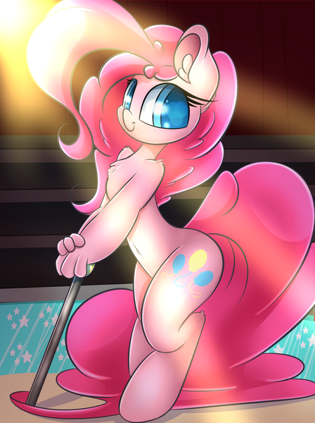 Size: 1280x1715 | Tagged: anthro, artist:madacon, belly button, cane, chest fluff, crepuscular rays, cute, derpibooru import, diapinkes, ear fluff, fluffy, leaning, looking at you, pinkie pie, ringmaster, safe, smiling, solo, unguligrade anthro