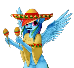 Size: 1081x991 | Tagged: anthro, artist:ponyinsideme, clothes, derpibooru import, featureless crotch, maracas, mexico, mousdash, moustache, musical instrument, poncho, rainbow dash, safe, solo, sombrero