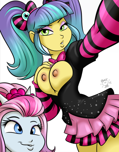 Size: 1280x1637 | Tagged: questionable, artist:ponut_joe, derpibooru import, pixel pizazz, violet blurr, equestria girls, blurazz, breasts, busty pixel pizazz, derp, duckface, female, females only, nipples, nudity, selfie