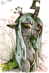 Size: 507x756 | Tagged: safe, artist:mi-eau, derpibooru import, edit, queen chrysalis, changeling, changeling queen, female, quadrupedal, sketch, solo, tongue out, traditional art